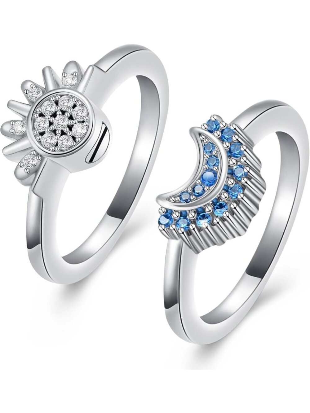 Celestial Sun & Moon Stackable Rings Set - Sparkling Silver Promise Jewelry for
